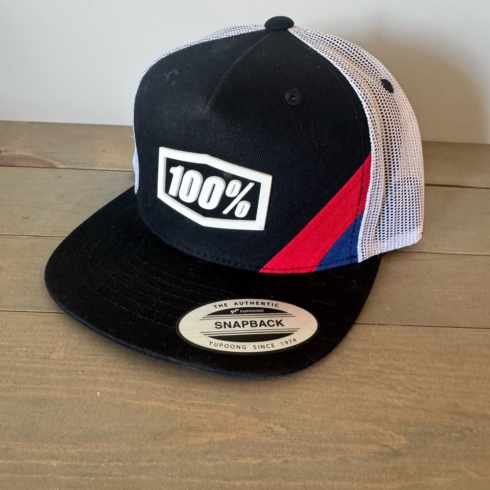 100% Snapback Hat with Red and Blue Accents